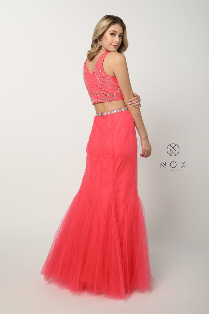 Long Beaded Sleeveless Crop Top Mermaid Dress by Nox Anabel 8156