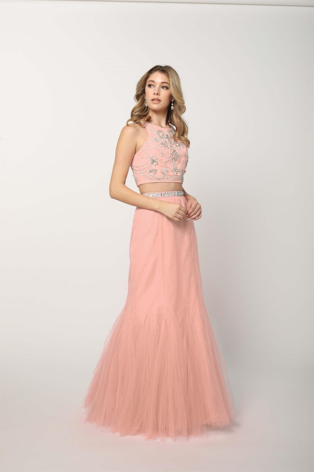 Long Beaded Sleeveless Crop Top Mermaid Dress by Nox Anabel 8156