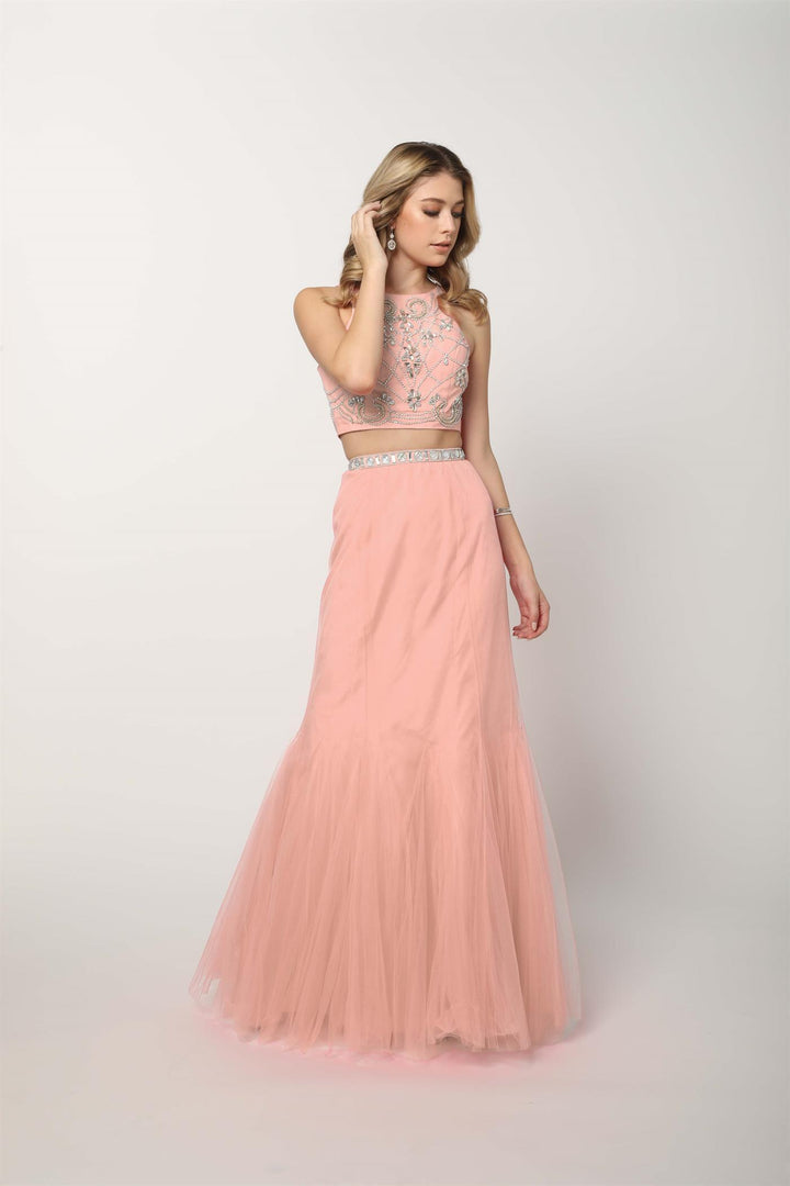 Long Beaded Sleeveless Crop Top Mermaid Dress by Nox Anabel 8156