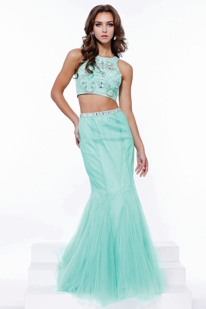 Long Beaded Sleeveless Crop Top Mermaid Dress by Nox Anabel 8156