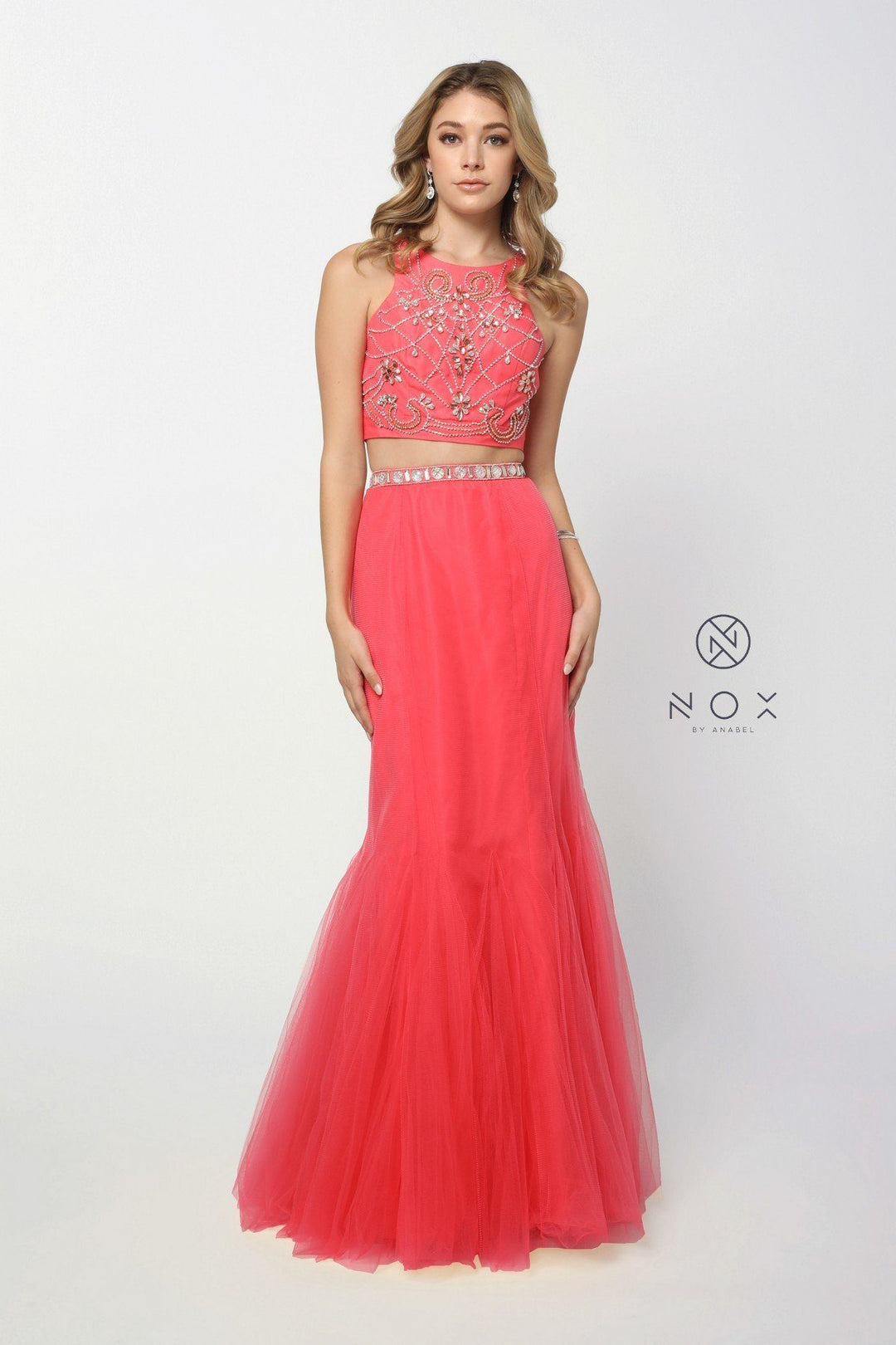 Long Beaded Sleeveless Crop Top Mermaid Dress by Nox Anabel 8156