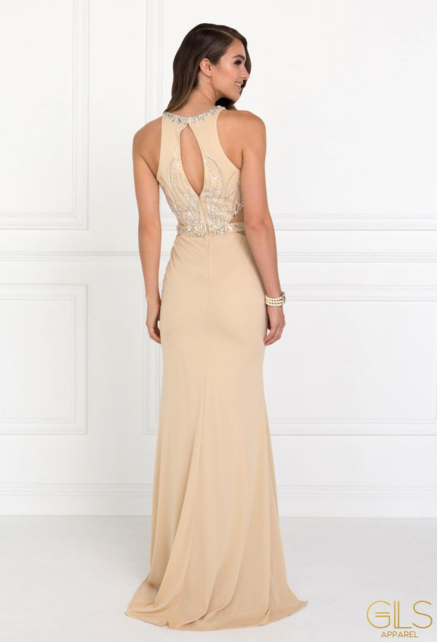 Long Beaded Sleeveless Dress with Sheer Sides by Elizabeth K GL2294-Long Formal Dresses-ABC Fashion
