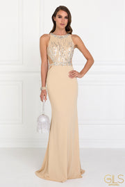 Long Beaded Sleeveless Dress with Sheer Sides by Elizabeth K GL2294-Long Formal Dresses-ABC Fashion