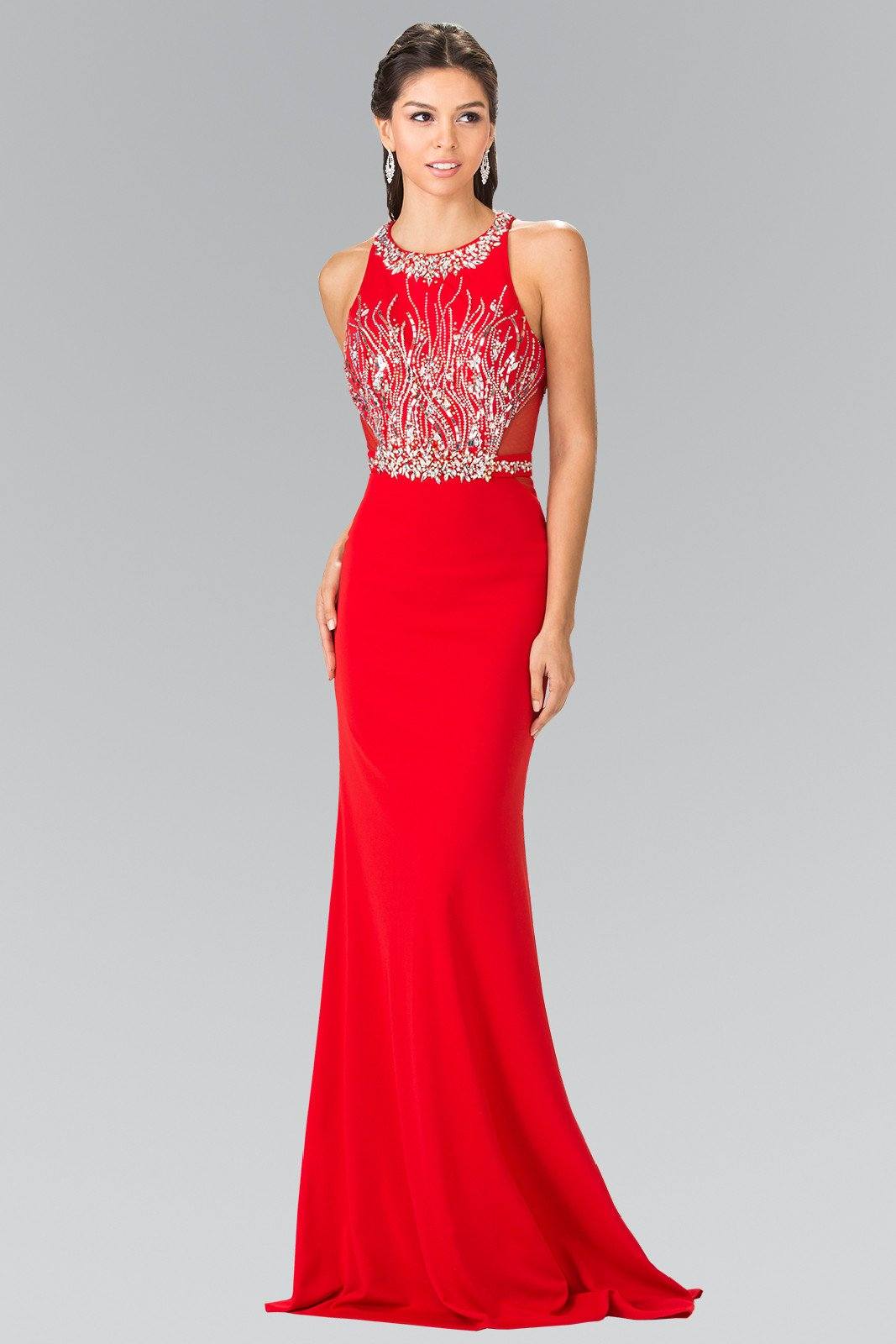 Long Beaded Sleeveless Dress with Sheer Sides by Elizabeth K GL2294-Long Formal Dresses-ABC Fashion