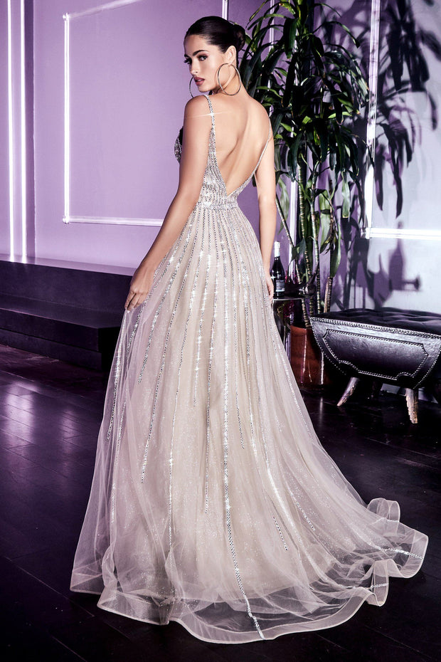 Long Beaded Tulle Dress by Cinderella Divine CD940