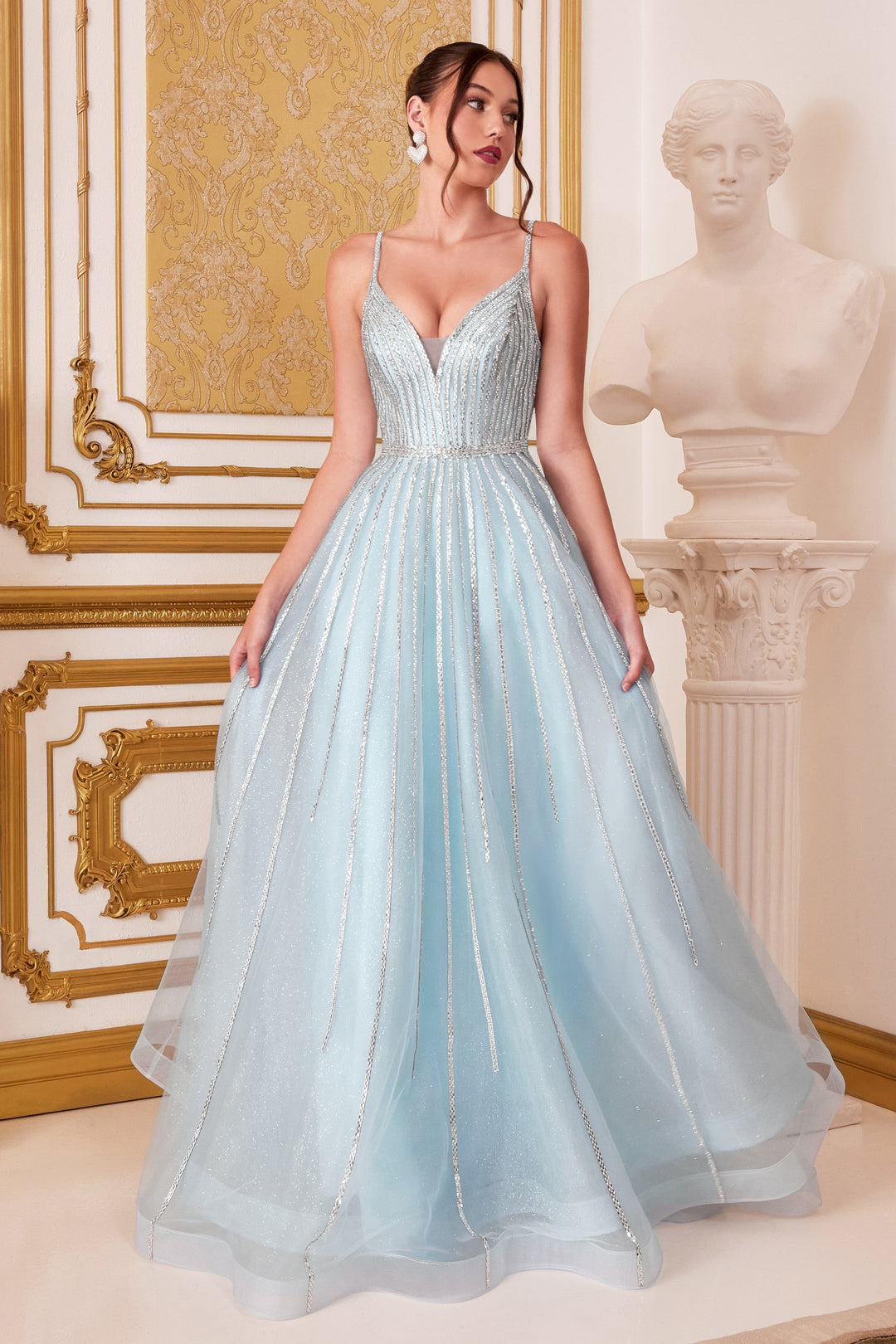 Long Beaded Tulle Dress by Cinderella Divine CD940