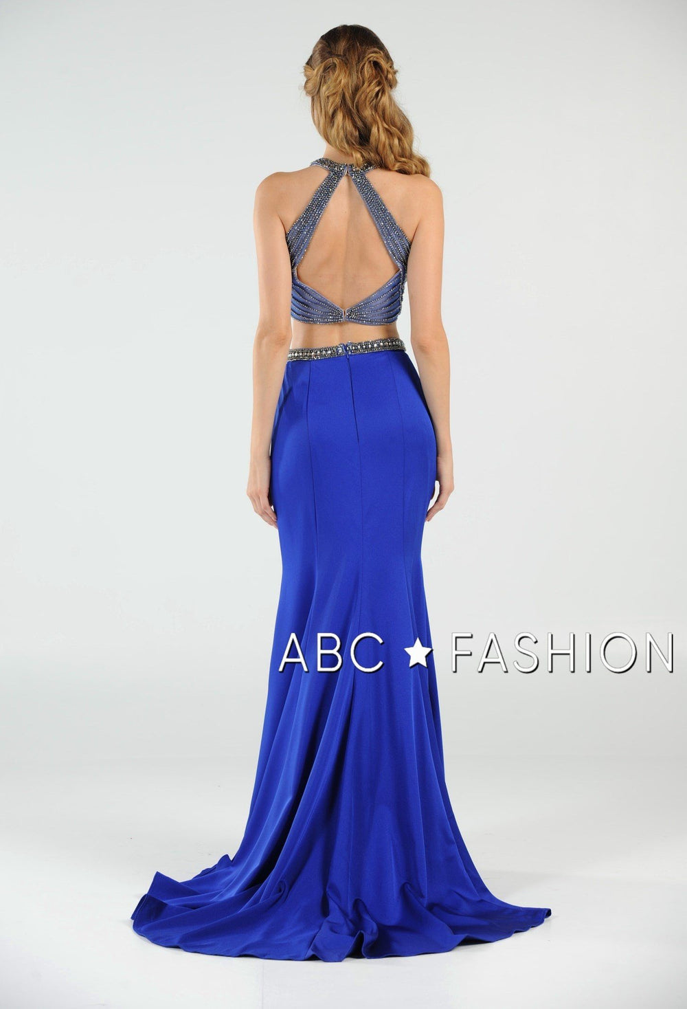 Long Beaded Two-Piece Dress with Open Back by Poly USA 7964-Long Formal Dresses-ABC Fashion