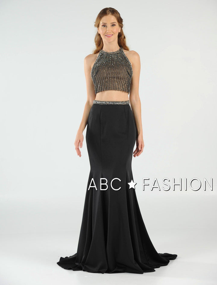 Long Beaded Two-Piece Dress with Open Back by Poly USA 7964-Long Formal Dresses-ABC Fashion