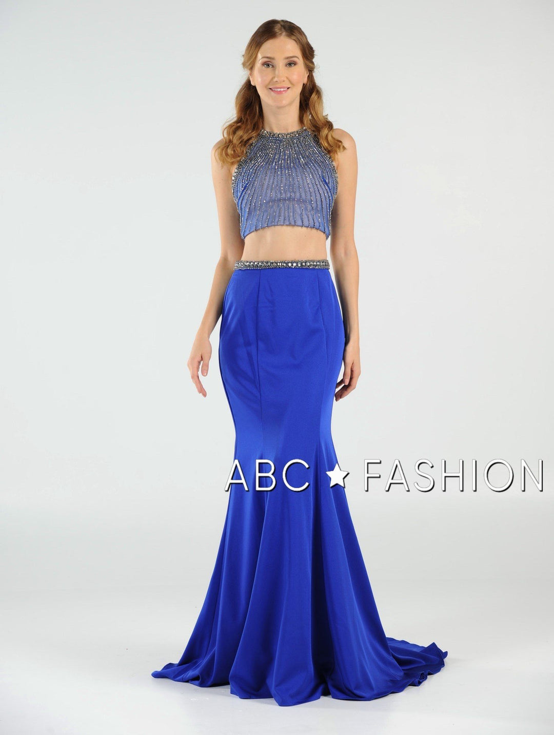 Long Beaded Two-Piece Dress with Open Back by Poly USA 7964-Long Formal Dresses-ABC Fashion