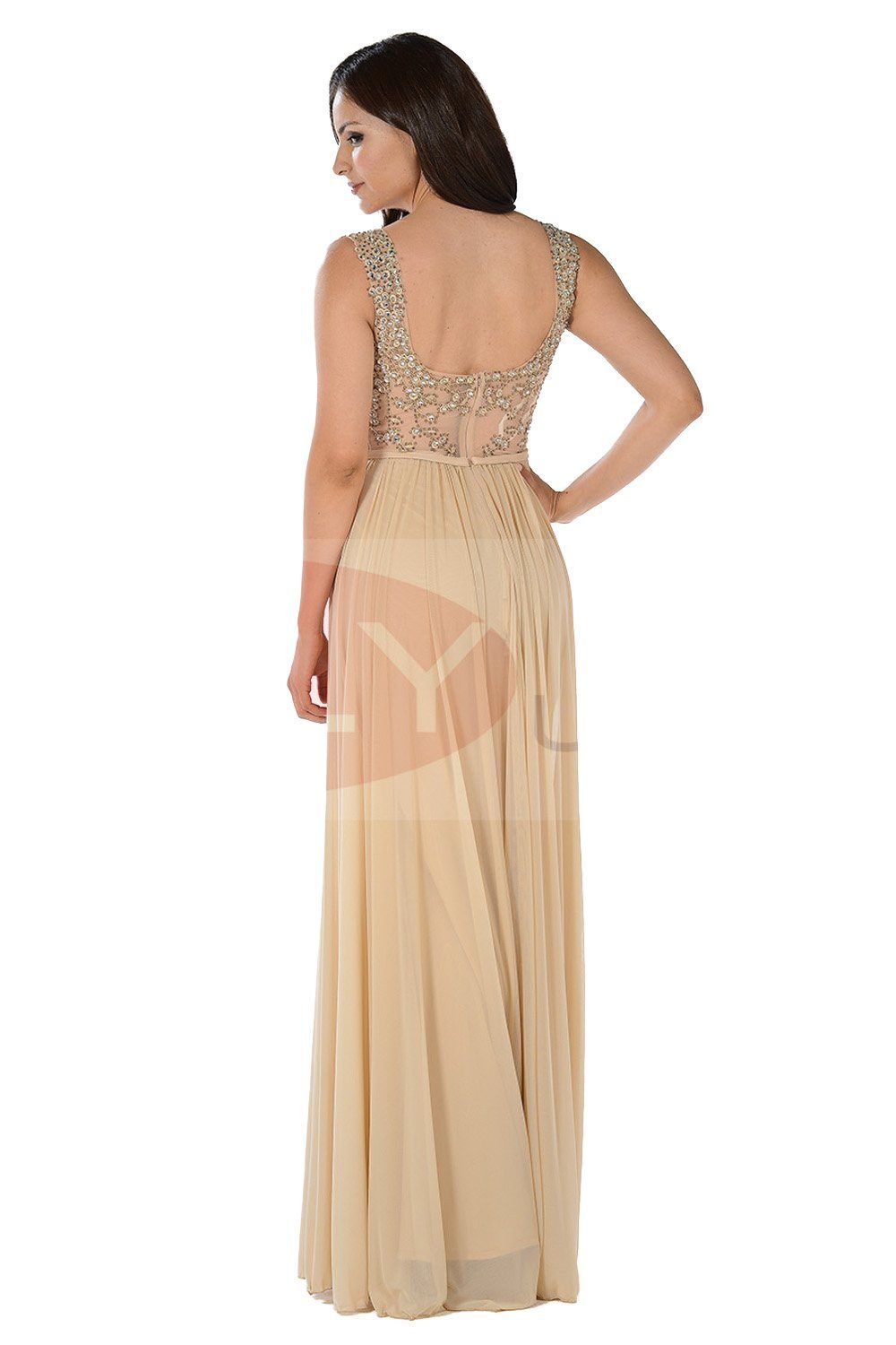Long Beige V-Neck Dress with Beaded Bodice by Poly USA-Long Formal Dresses-ABC Fashion