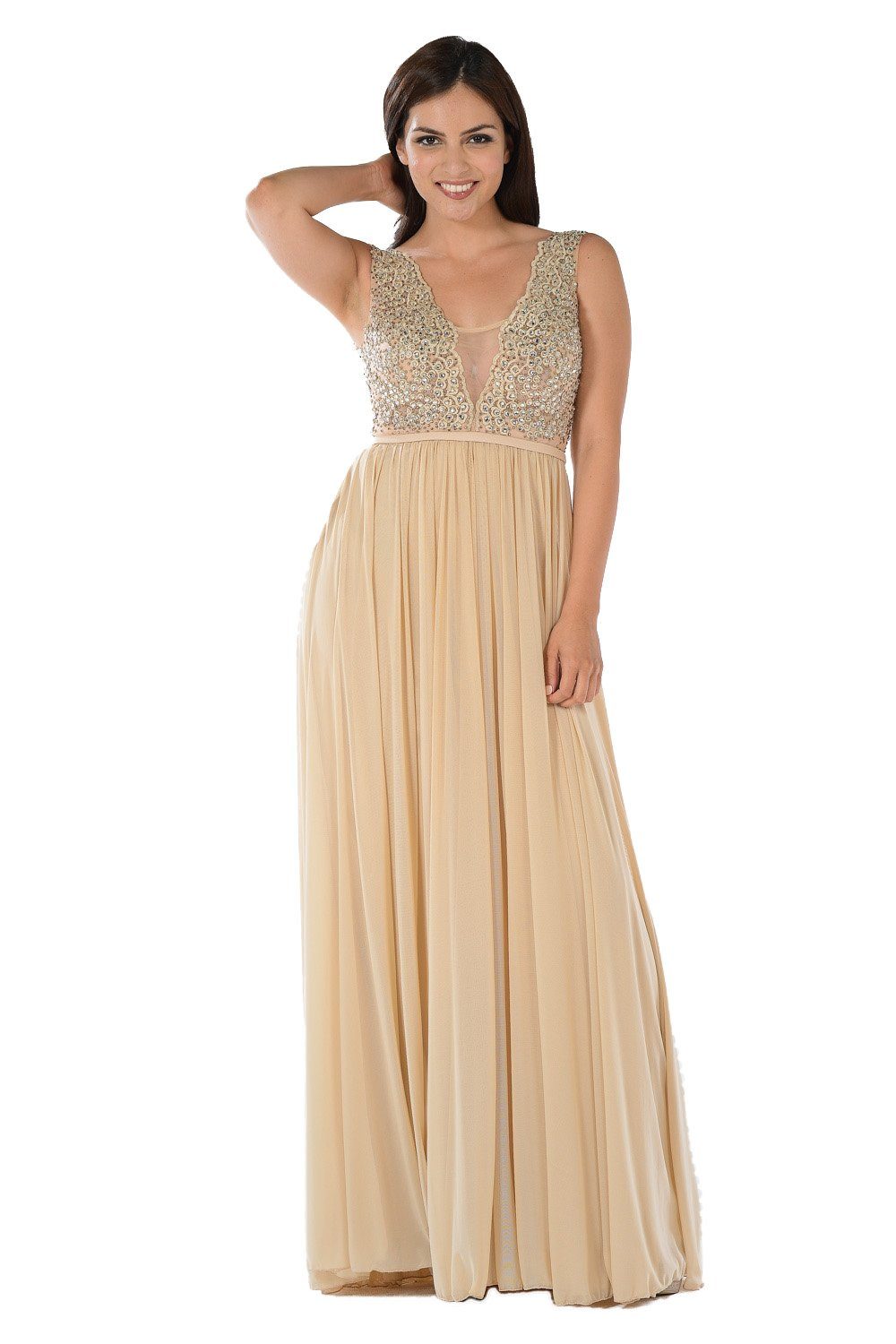 Long Beige V-Neck Dress with Beaded Bodice by Poly USA-Long Formal Dresses-ABC Fashion