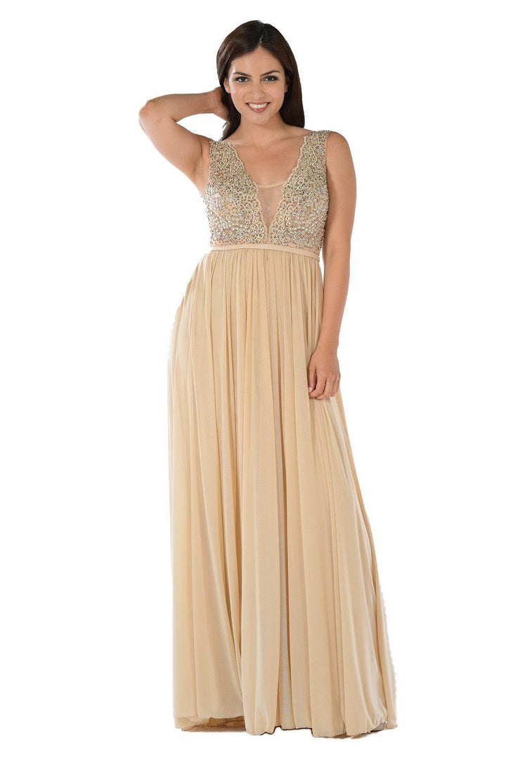 Long Beige V-Neck Dress with Beaded Bodice by Poly USA-Long Formal Dresses-ABC Fashion