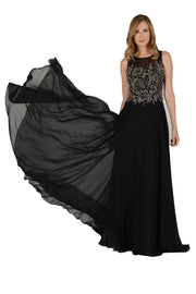 Long Black Dress with Beaded Illusion Bodice by Poly USA-Long Formal Dresses-ABC Fashion