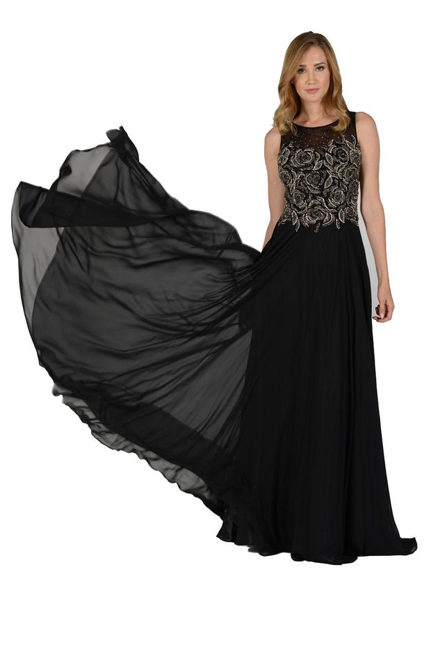 Long Black Dress with Beaded Illusion Bodice by Poly USA-Long Formal Dresses-ABC Fashion