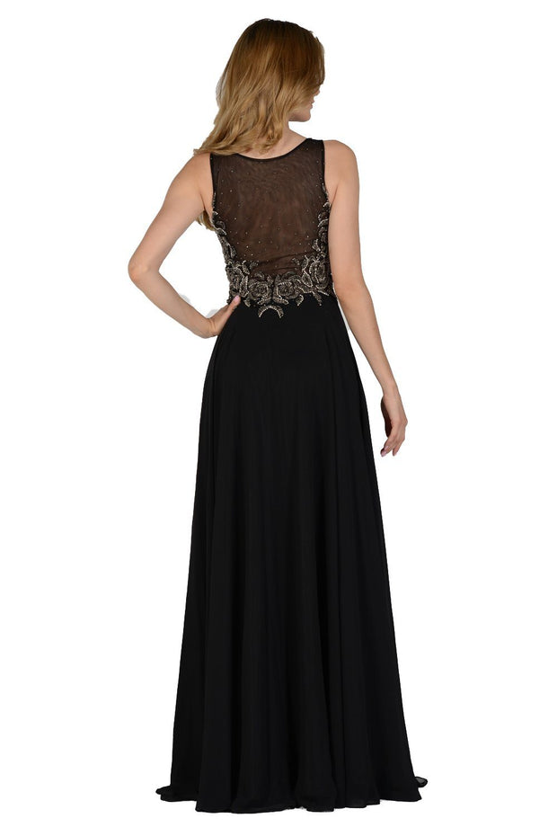 Long Black Dress with Beaded Illusion Bodice by Poly USA-Long Formal Dresses-ABC Fashion