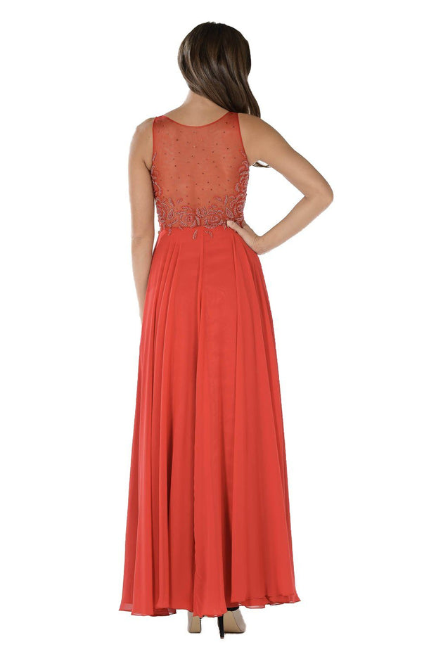 Long Black Dress with Beaded Illusion Bodice by Poly USA-Long Formal Dresses-ABC Fashion