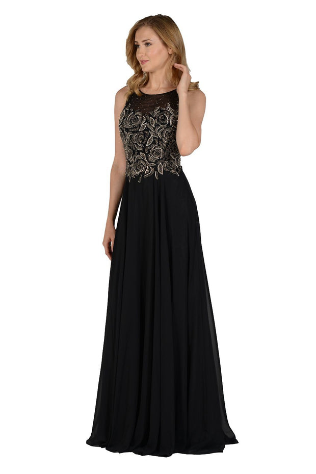 Long Black Dress with Beaded Illusion Bodice by Poly USA-Long Formal Dresses-ABC Fashion