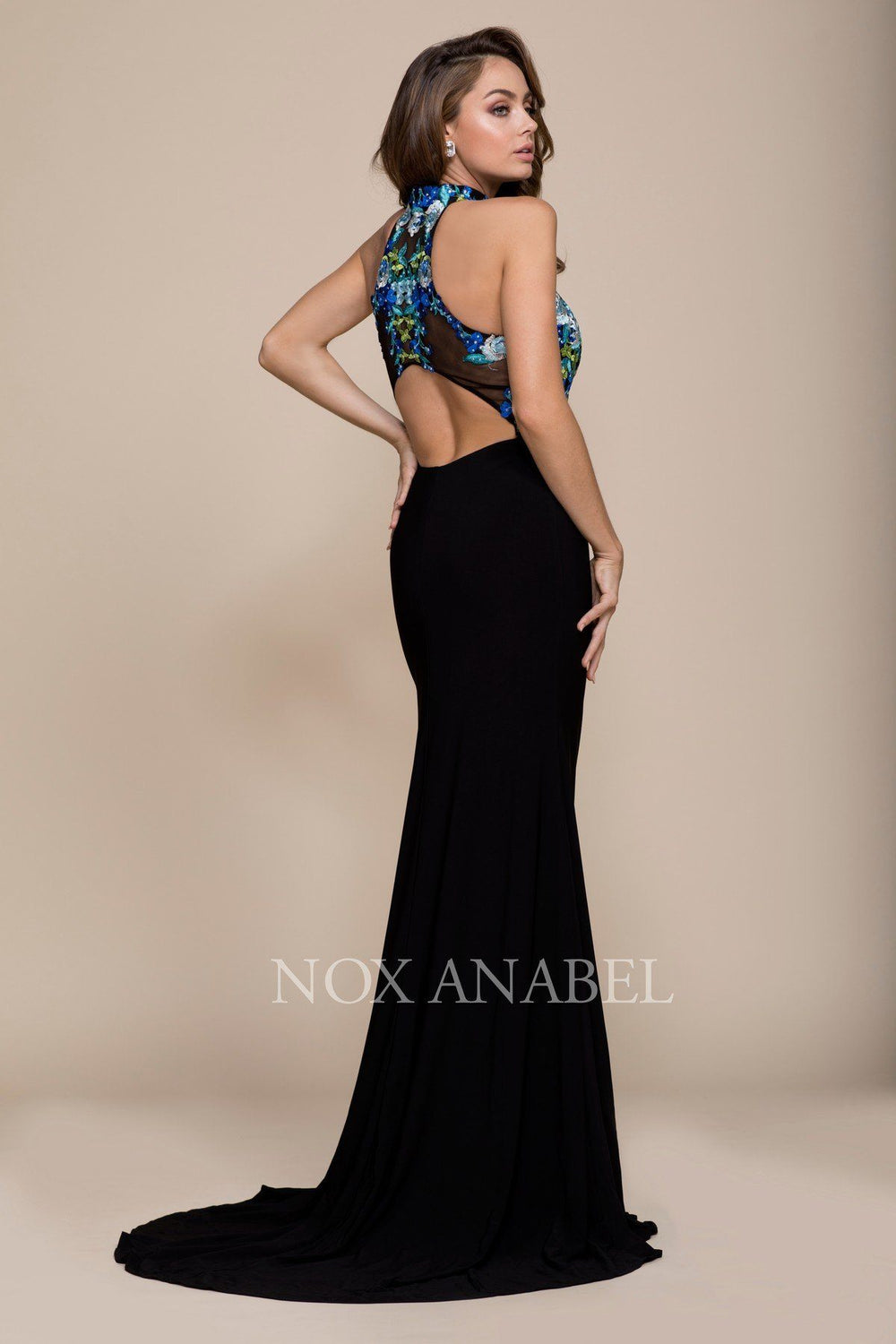 Long Black Dress with Blue Floral Embroidery by Nox Anabel 8375-Long Formal Dresses-ABC Fashion