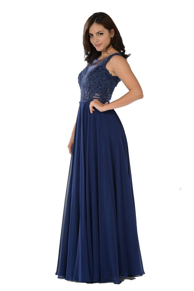 Long Black Dress with Lace Applique Bodice by Poly USA-Long Formal Dresses-ABC Fashion