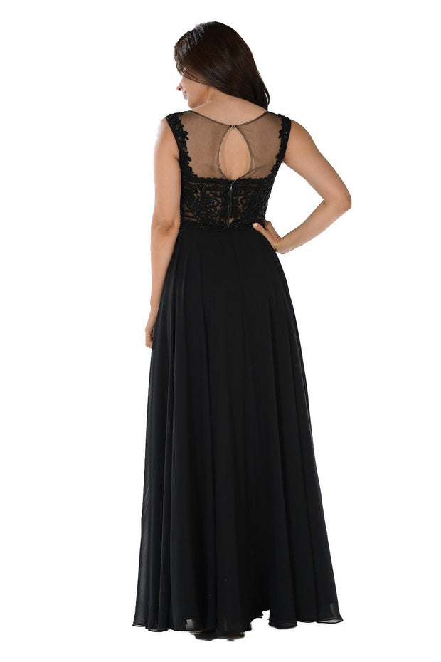 Long Black Dress with Lace Applique Bodice by Poly USA-Long Formal Dresses-ABC Fashion