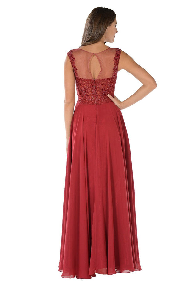 Long Black Dress with Lace Applique Bodice by Poly USA-Long Formal Dresses-ABC Fashion