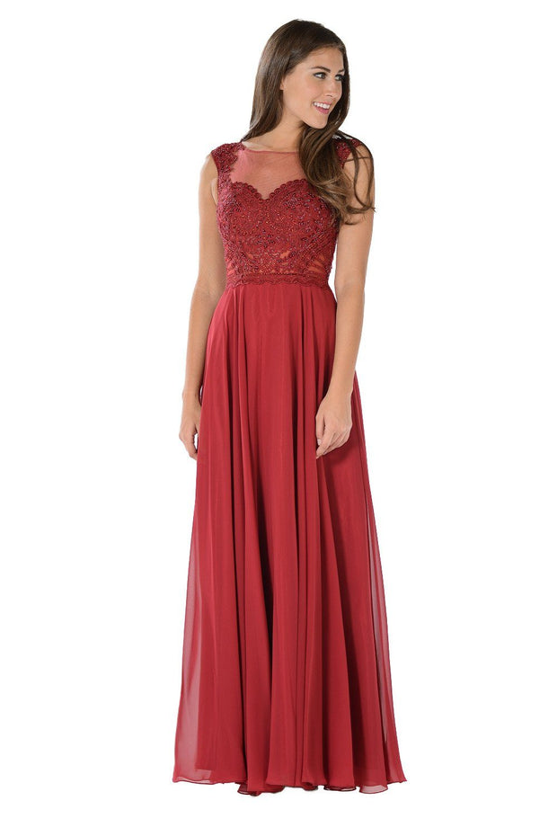 Long Black Dress with Lace Applique Bodice by Poly USA-Long Formal Dresses-ABC Fashion