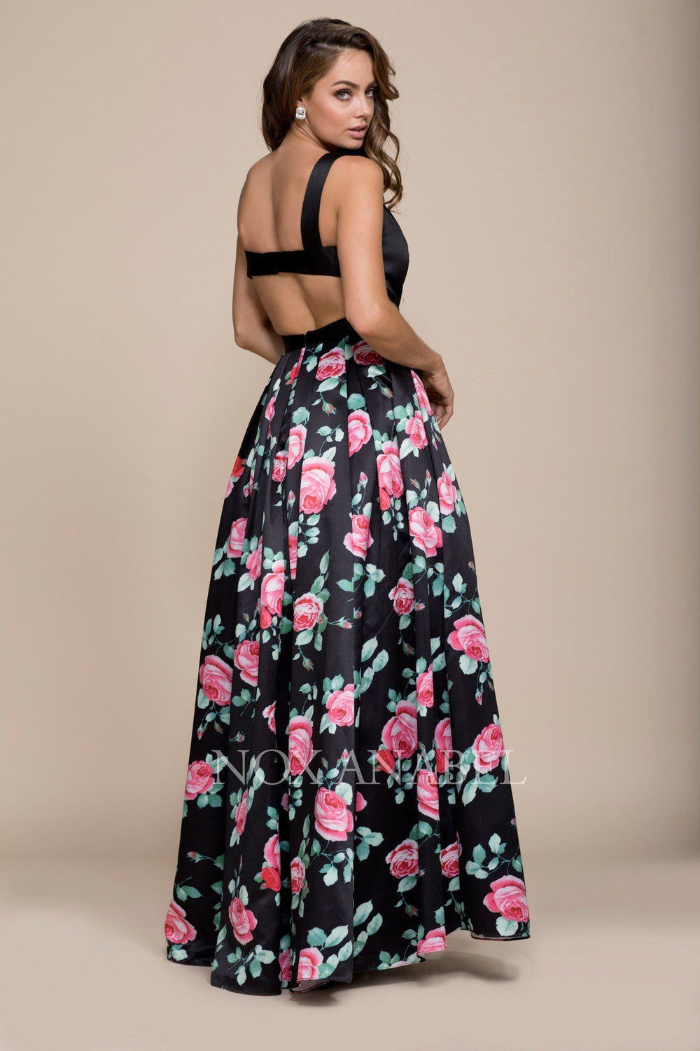 Long Black Dress with Pink Floral Print Skirt by Nox Anabel 8351-Long Formal Dresses-ABC Fashion