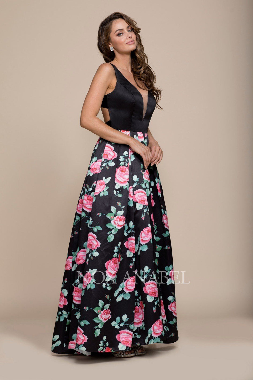 Long Black Dress with Pink Floral Print Skirt by Nox Anabel 8351-Long Formal Dresses-ABC Fashion
