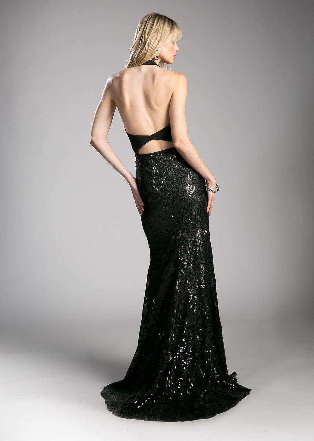 Long Black Halter Dress with Sequined Skirt by Cinderella Divine 62495-Long Formal Dresses-ABC Fashion