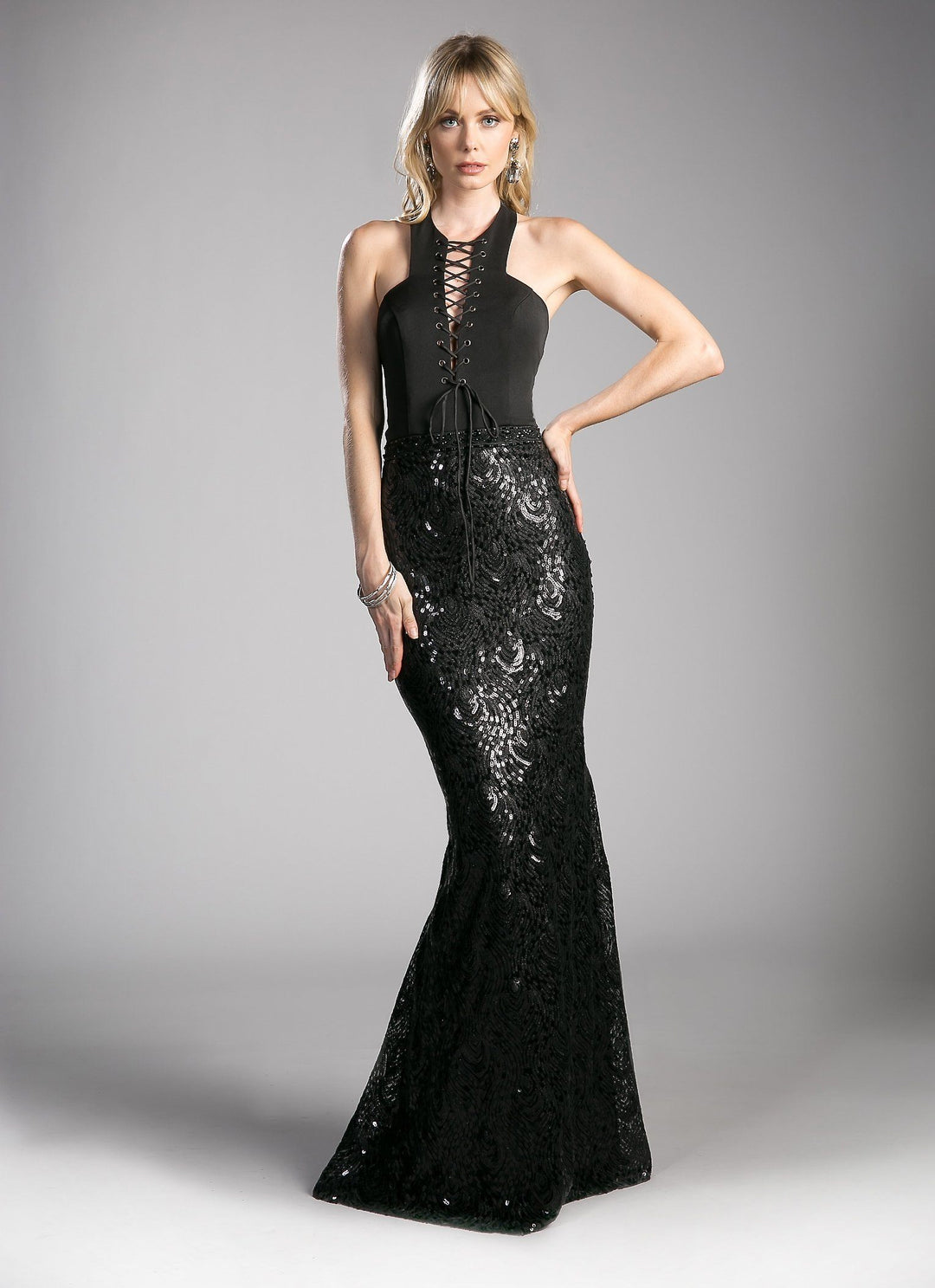 Long Black Halter Dress with Sequined Skirt by Cinderella Divine 62495-Long Formal Dresses-ABC Fashion