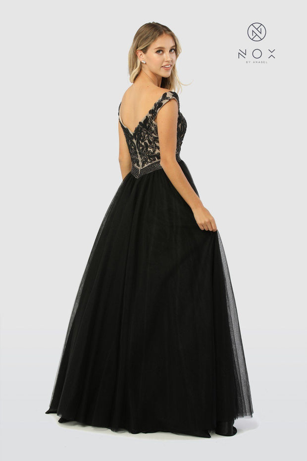 Long Black Off Shoulder Dress with Beaded Bodice by Nox Anabel E166-Long Formal Dresses-ABC Fashion