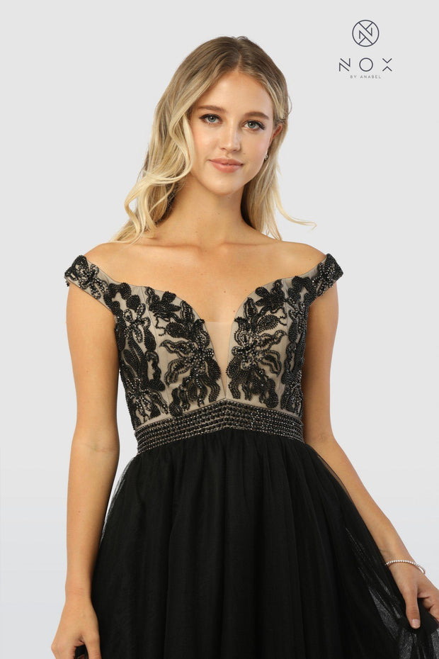 Long Black Off Shoulder Dress with Beaded Bodice by Nox Anabel E166-Long Formal Dresses-ABC Fashion