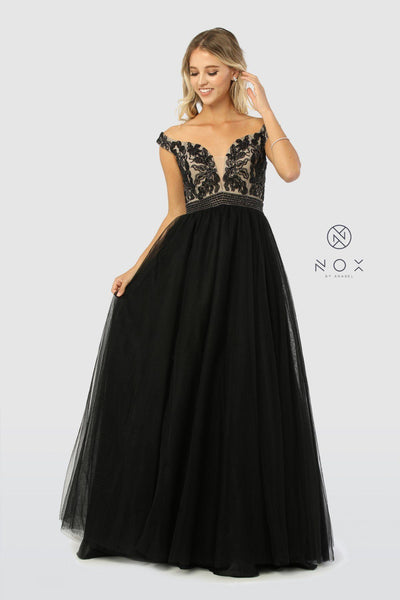 Long Black Off Shoulder Dress with Beaded Bodice by Nox Anabel E166-Long Formal Dresses-ABC Fashion