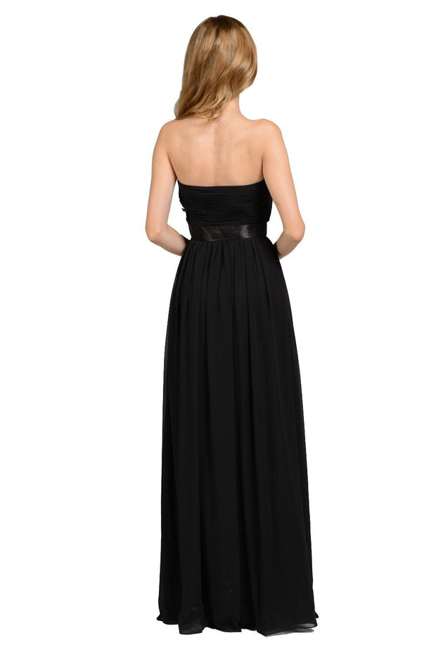 Long Black Strapless Chiffon Dress with V Notch by Poly USA-Long Formal Dresses-ABC Fashion