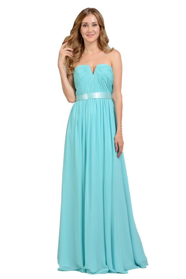 Long Black Strapless Chiffon Dress with V Notch by Poly USA-Long Formal Dresses-ABC Fashion