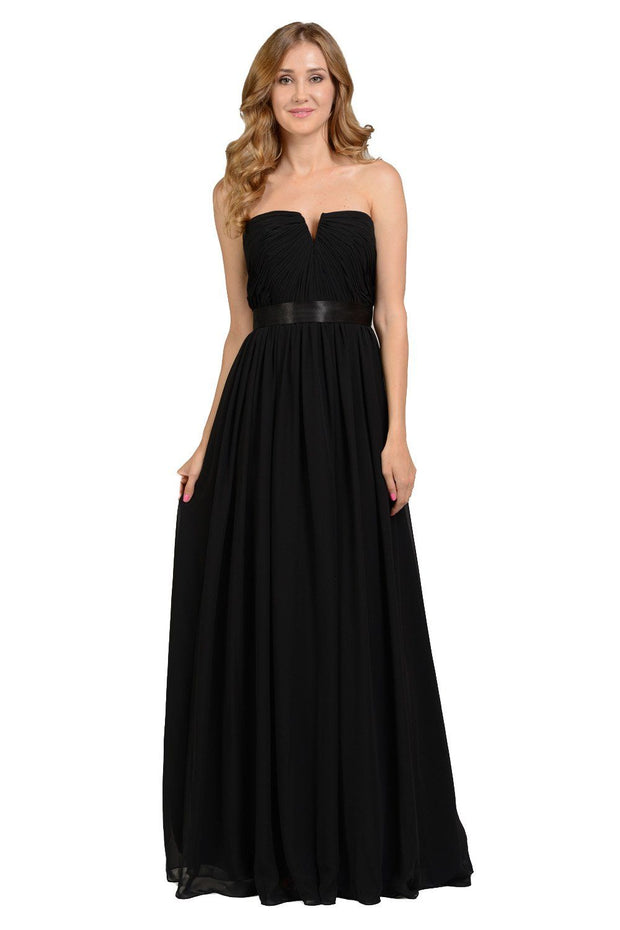 Long Black Strapless Chiffon Dress with V Notch by Poly USA-Long Formal Dresses-ABC Fashion