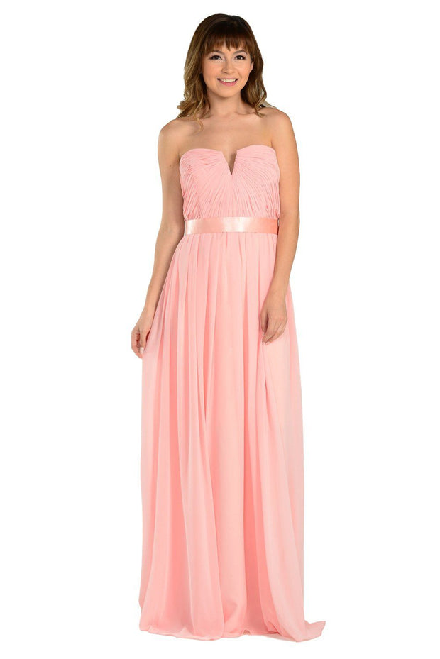 Long Black Strapless Chiffon Dress with V Notch by Poly USA-Long Formal Dresses-ABC Fashion