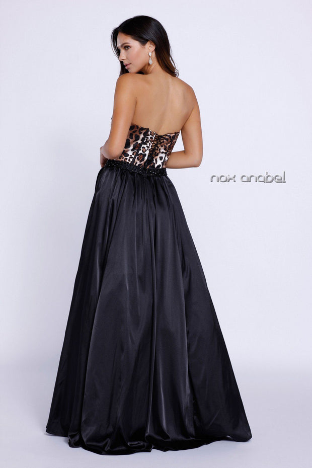 Long Black Strapless Dress with Leopard Print Top by Nox Anabel 8230-Long Formal Dresses-ABC Fashion