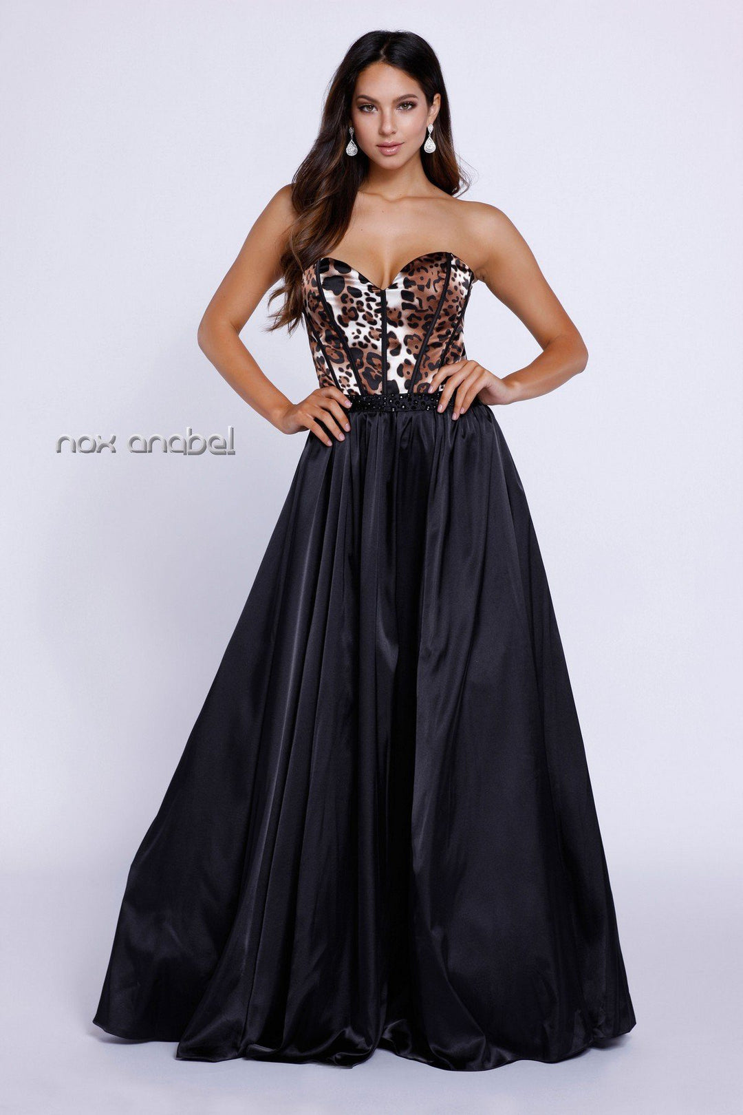 Long Black Strapless Dress with Leopard Print Top by Nox Anabel 8230-Long Formal Dresses-ABC Fashion