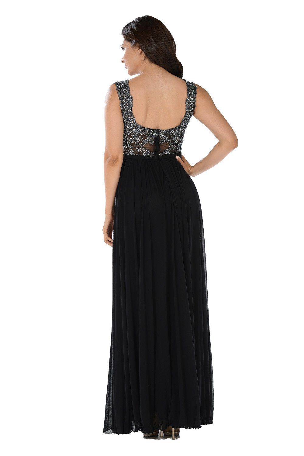 Long Black V-Neck Dress with Beaded Bodice by Poly USA-Long Formal Dresses-ABC Fashion