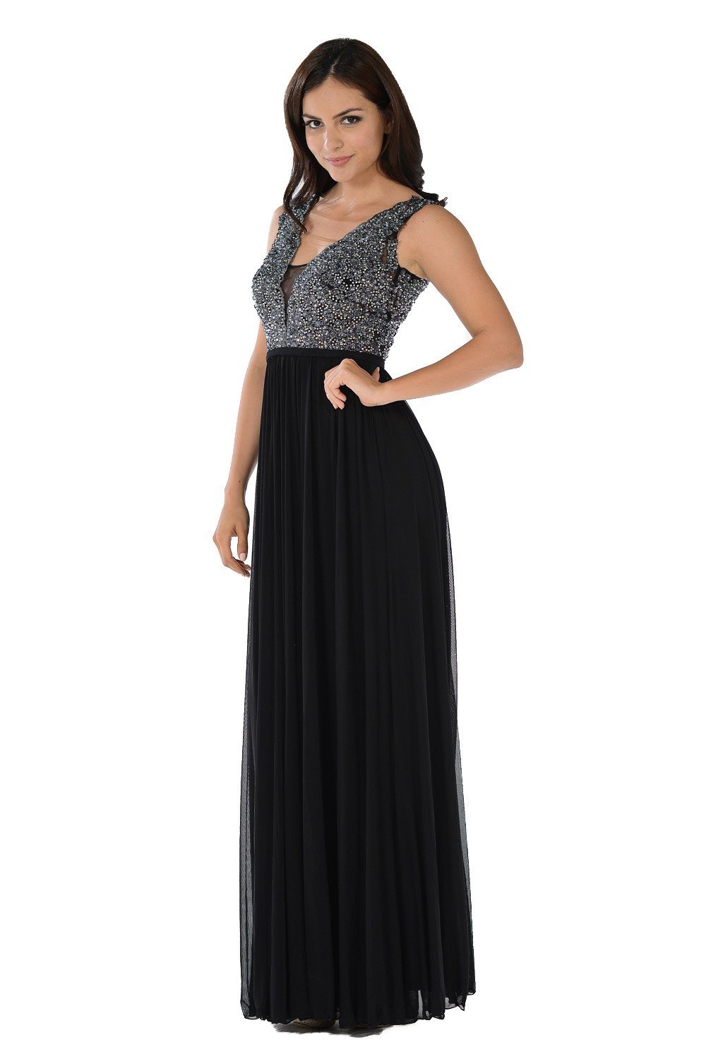 Long Black V-Neck Dress with Beaded Bodice by Poly USA-Long Formal Dresses-ABC Fashion