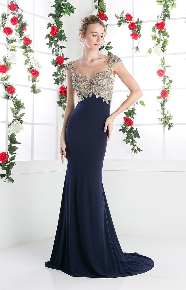 Long Blue Dress with Beaded Illusion Top by Cinderella Divine CL105-Long Formal Dresses-ABC Fashion