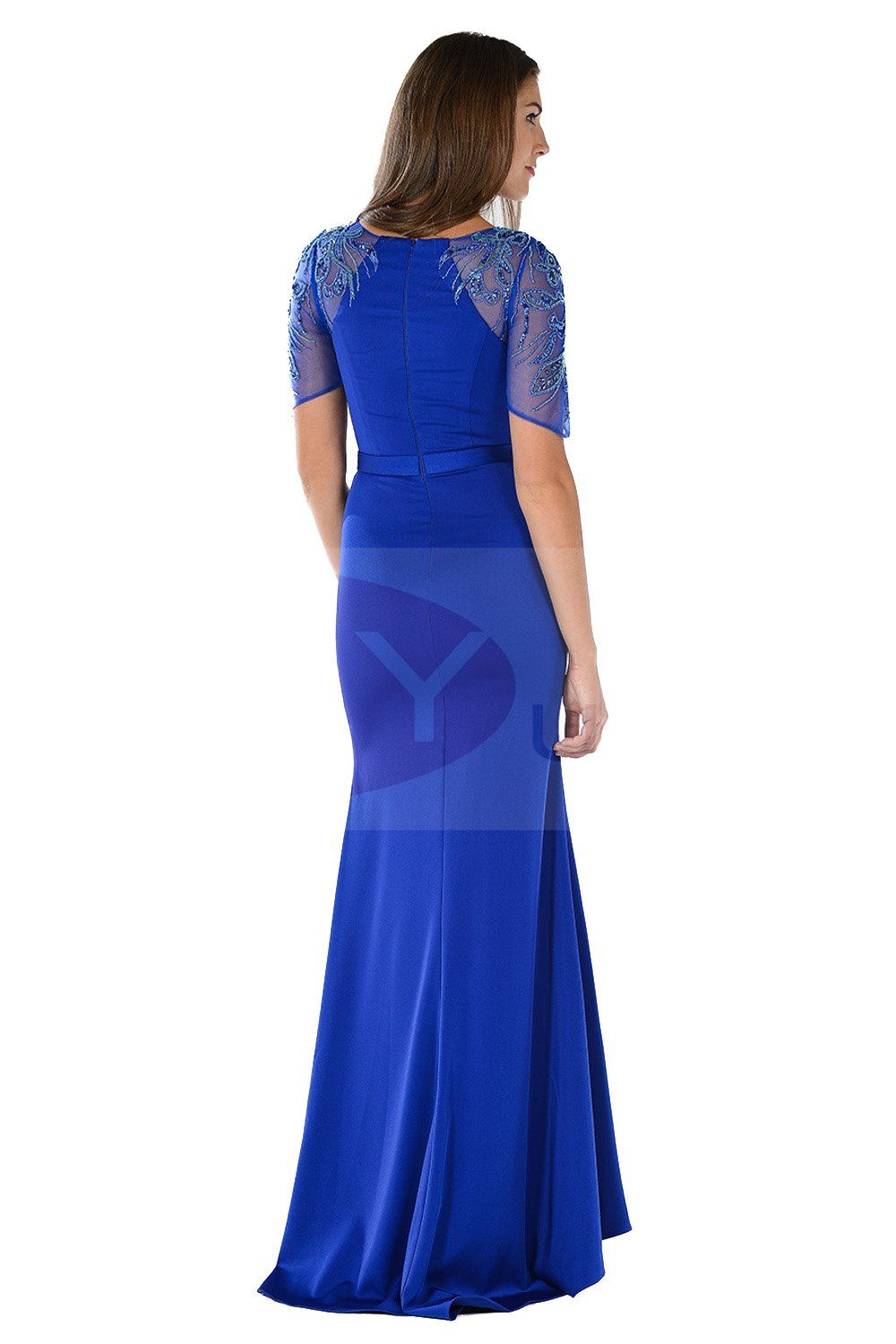 Long Blue Dress with Embroidered Sleeves by Poly USA-Long Formal Dresses-ABC Fashion