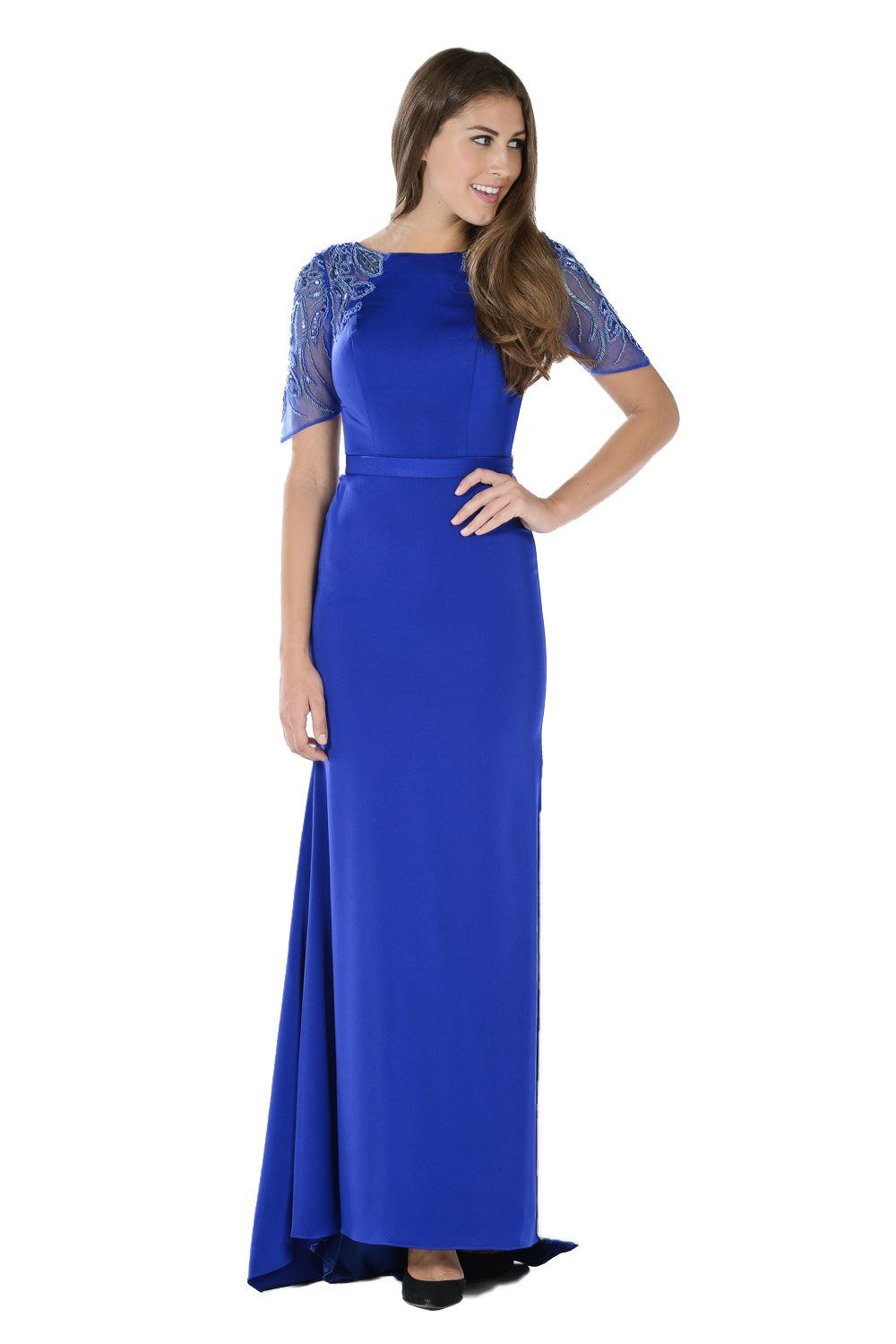 Long Blue Dress with Embroidered Sleeves by Poly USA-Long Formal Dresses-ABC Fashion