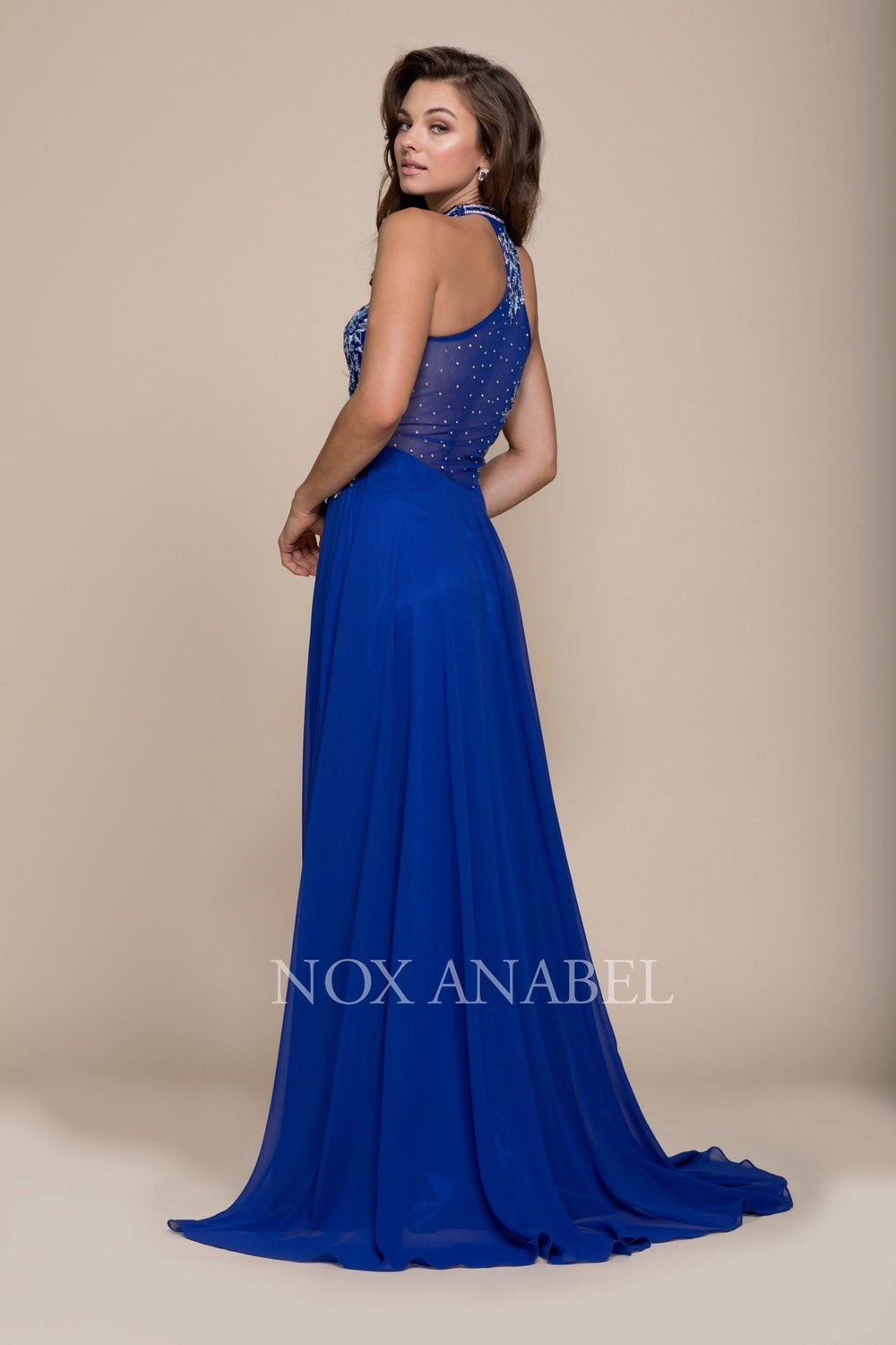 Long Blue Dress with Floral Embroidery by Nox Anabel 8305-Long Formal Dresses-ABC Fashion