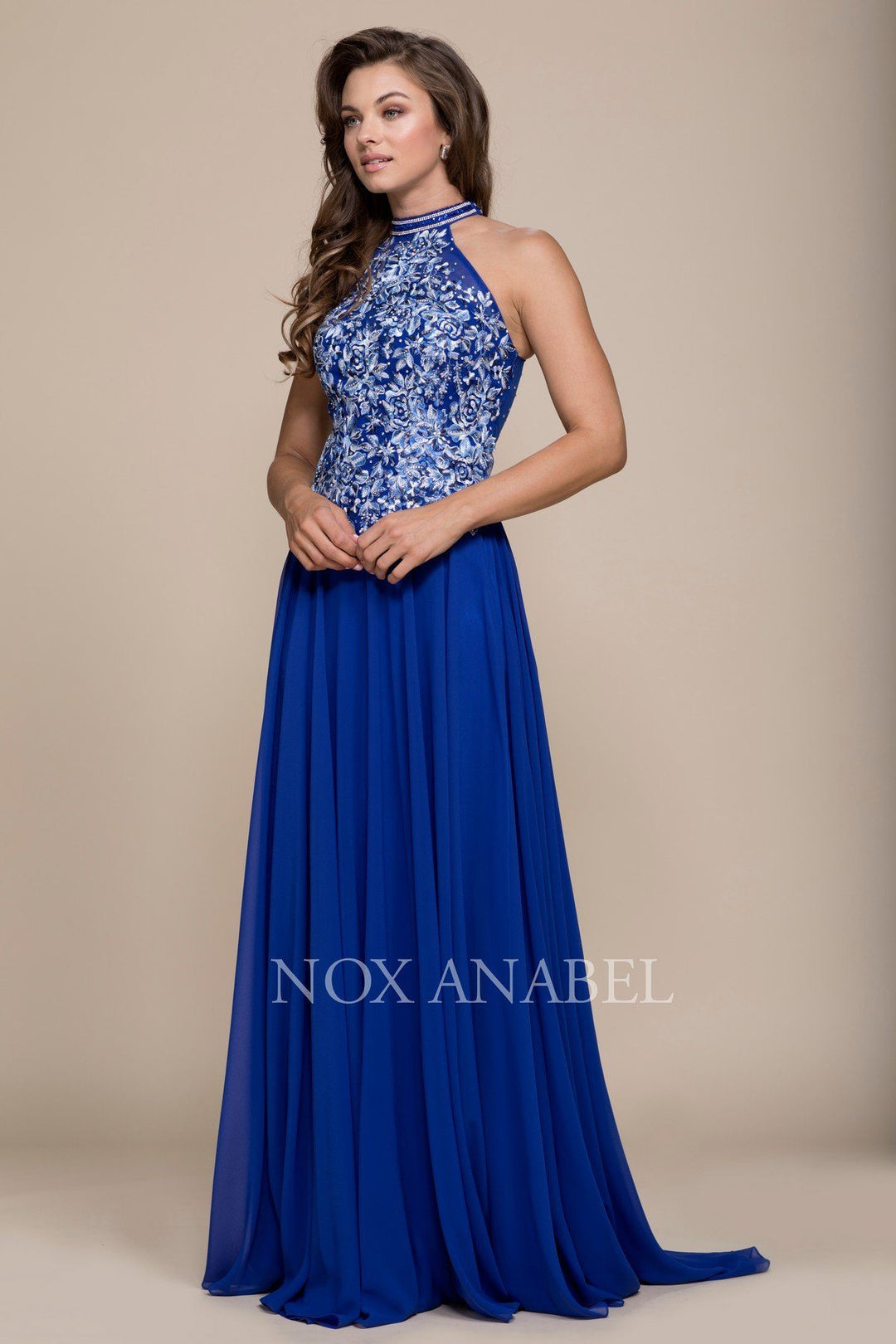 Long Blue Dress with Floral Embroidery by Nox Anabel 8305-Long Formal Dresses-ABC Fashion