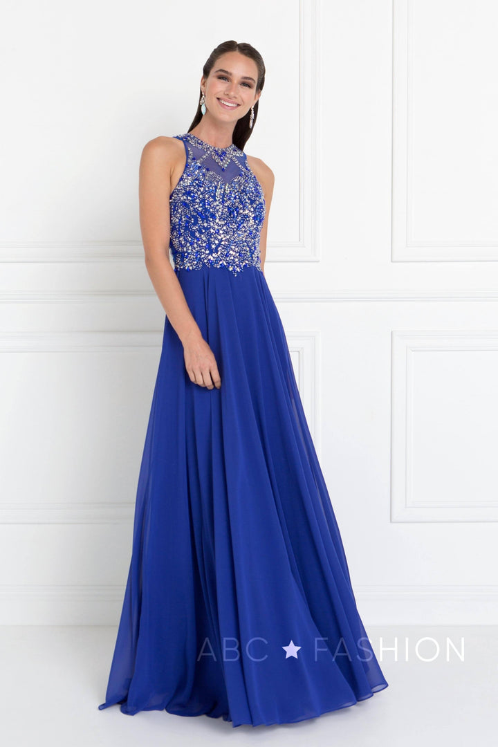 Long Blue Dress with Jeweled Bodice by Elizabeth K GL1572-Long Formal Dresses-ABC Fashion