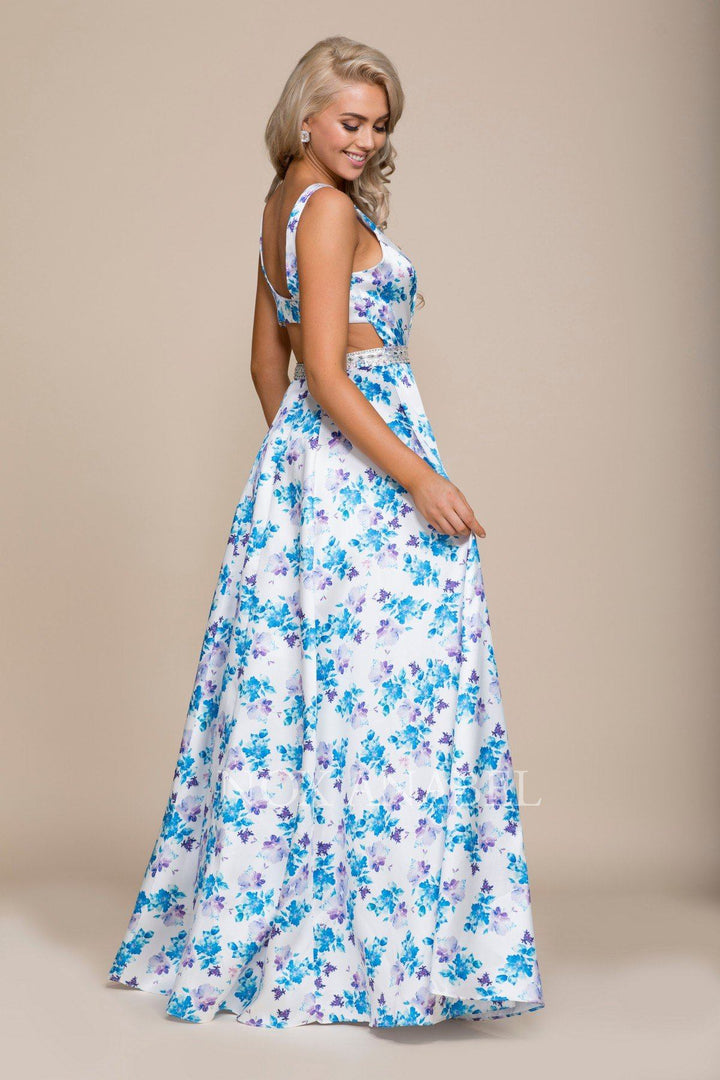 Long Blue/Purple Floral Print Dress by Nox Anabel 8290-Long Formal Dresses-ABC Fashion
