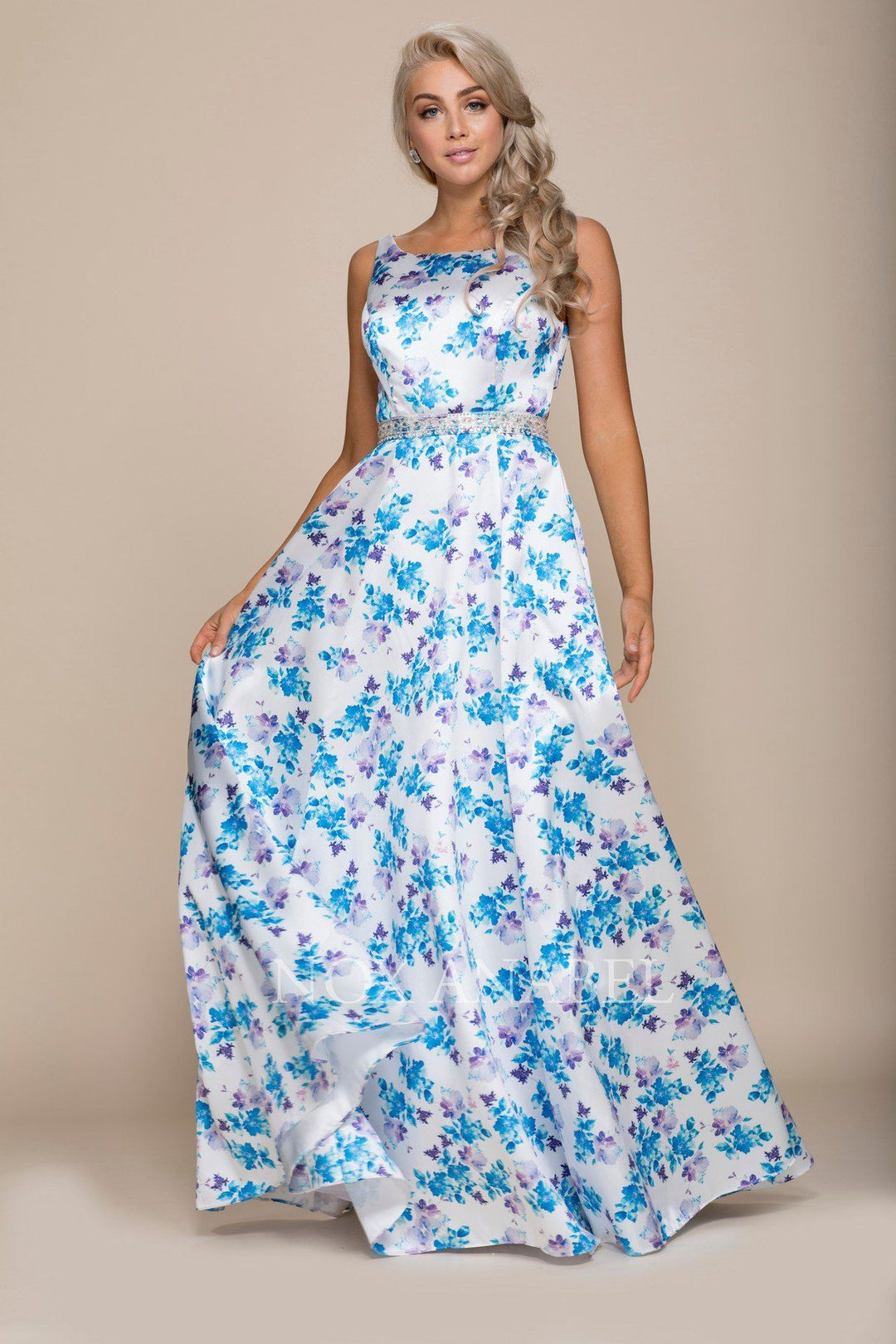 Long Blue/Purple Floral Print Dress by Nox Anabel 8290-Long Formal Dresses-ABC Fashion