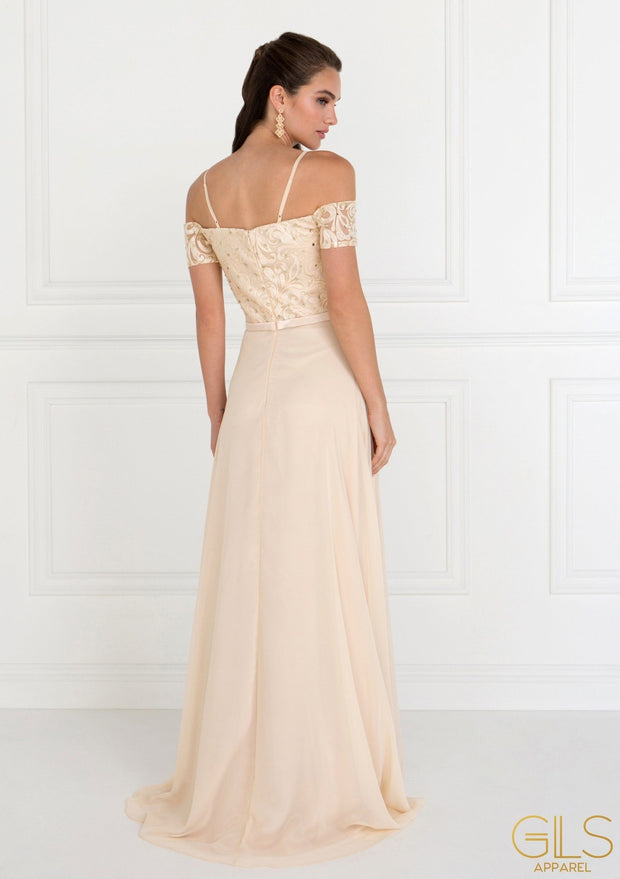 Long Blush Cold Shoulder Dress with Embroidery by Elizabeth K-Long Formal Dresses-ABC Fashion